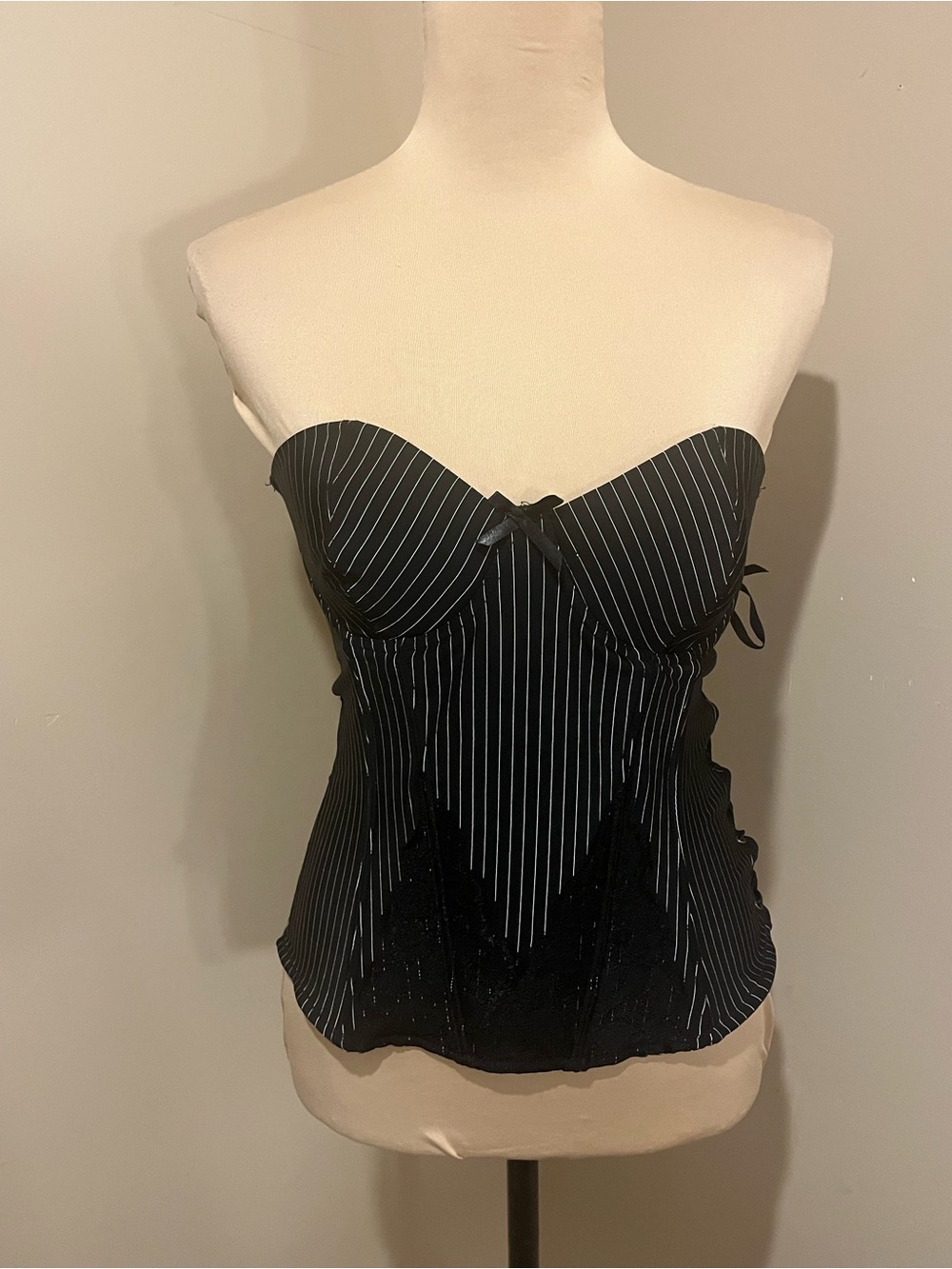 Ren Fair Black Pinstripe & Lace Strapless Bustier Top, Lace up side, 36B